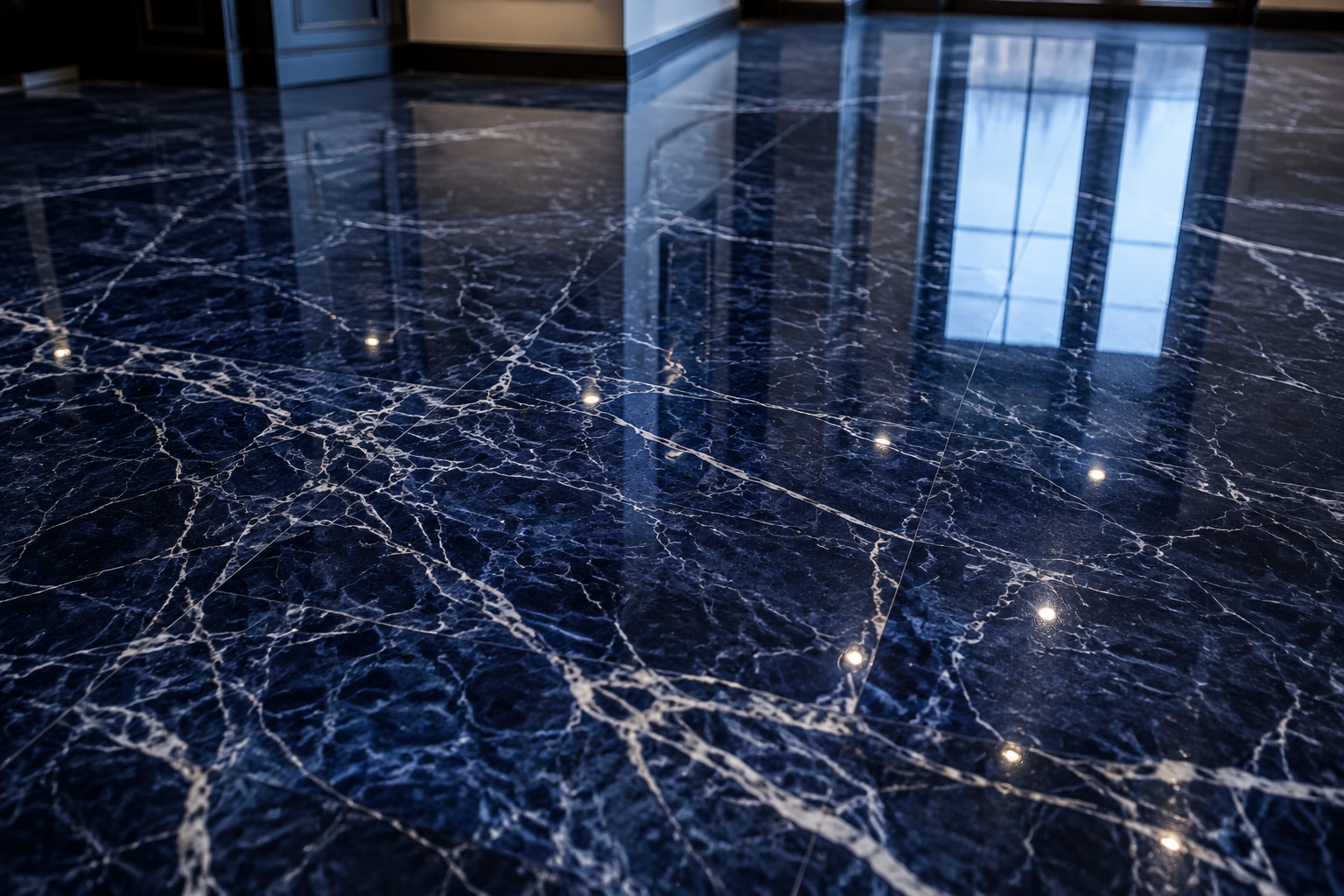 Polished dark blue-black marble floor reflecting windows and ceiling downlights