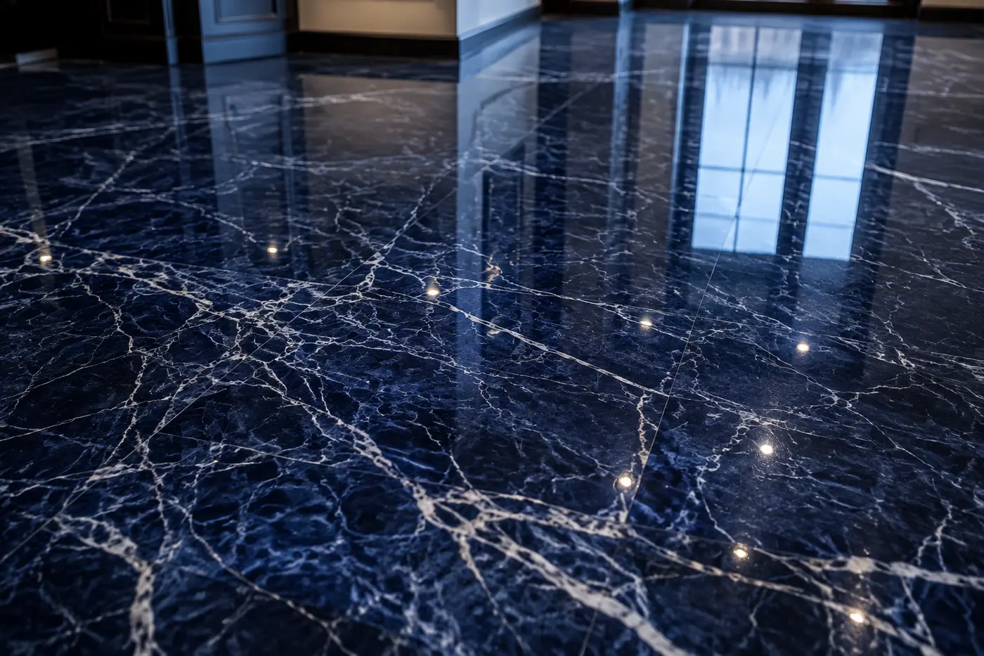 Polished dark blue-black marble floor reflecting windows and ceiling downlights
