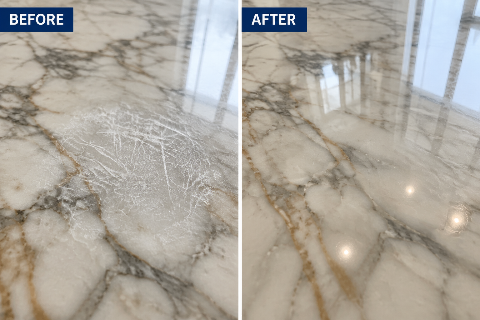 Marble surface shown before restoration with a dull etched patch and after restoration with a clear reflective finish