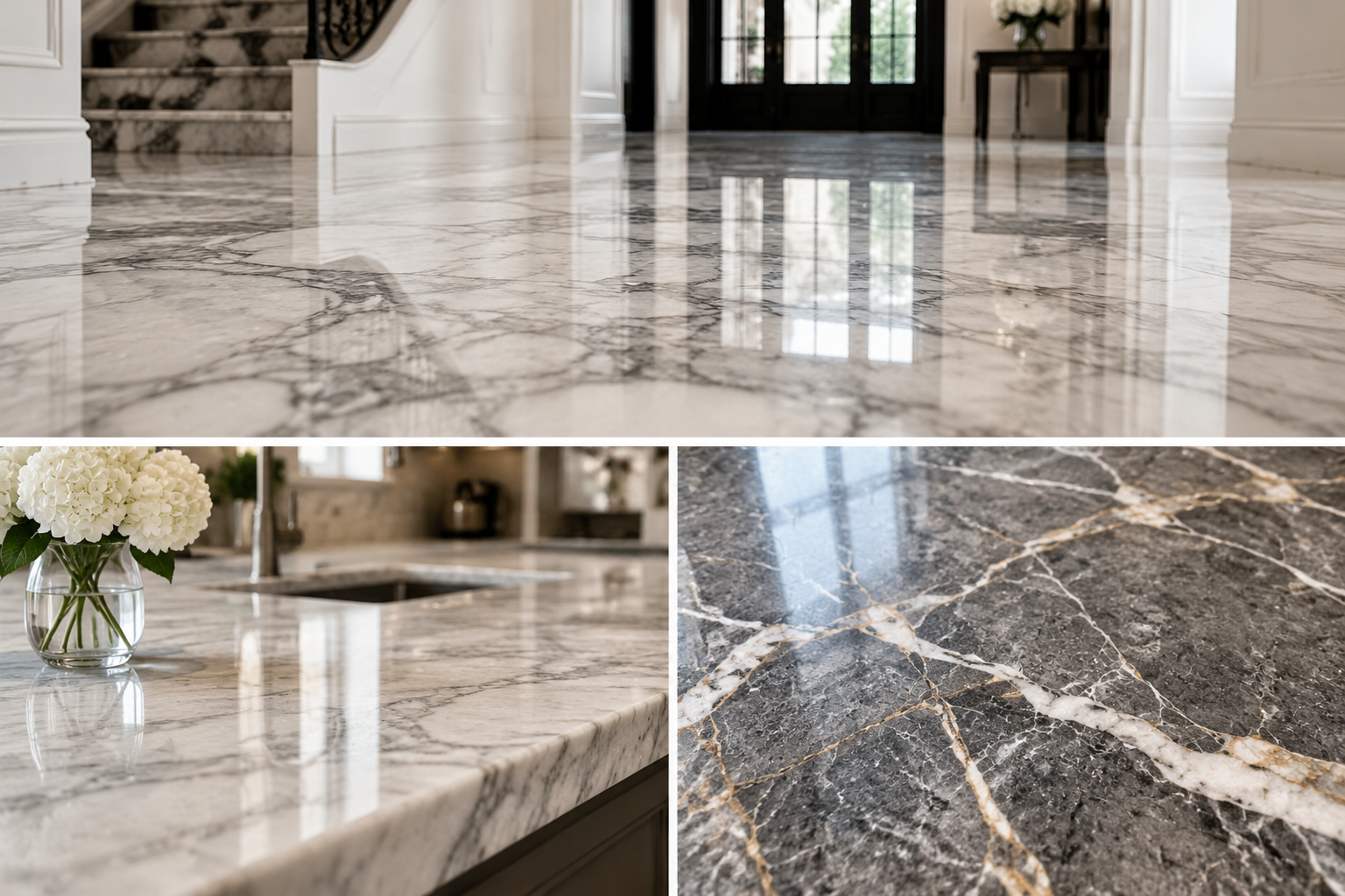 Polished white marble hallway floor with a staircase, a marble kitchen worktop and a close-up of grey marble with gold veining