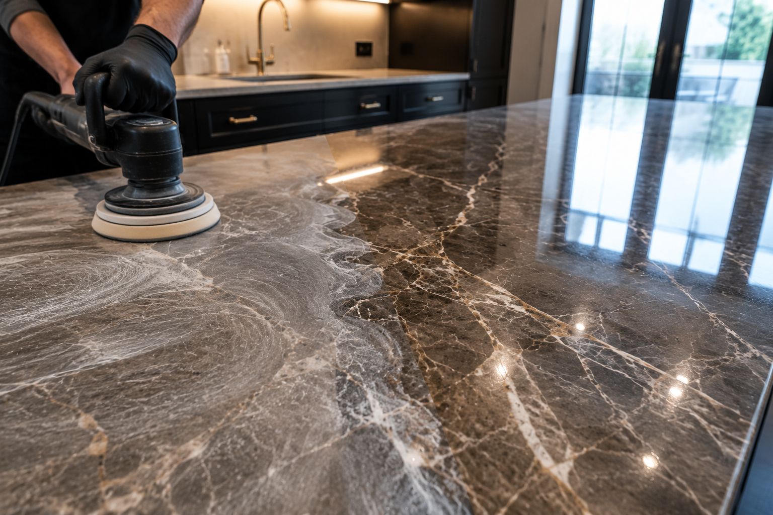 Technician polishing a grey marble kitchen island with a rotary machine
