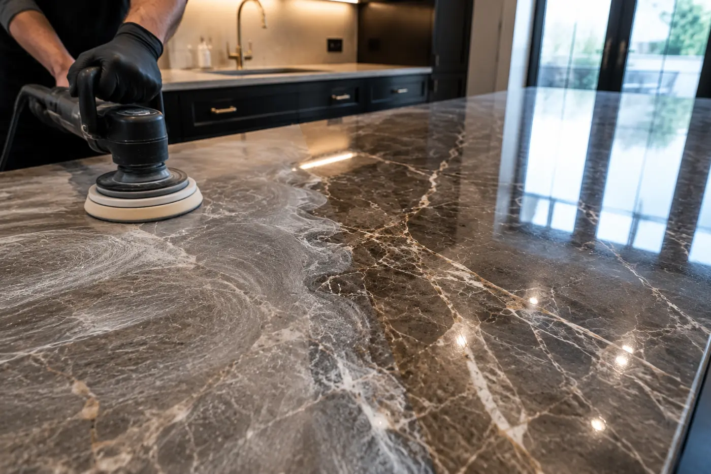 Technician polishing a grey marble kitchen island with a rotary machine